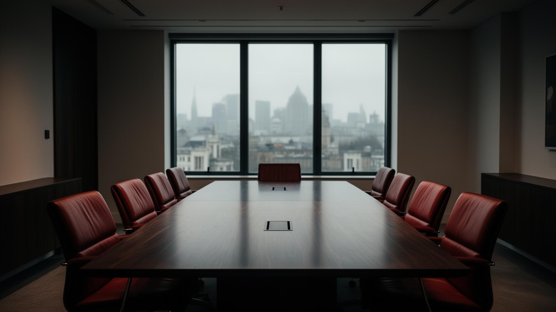 An empty modern UK boardroom at dusk, ready for a senior conversation about claims